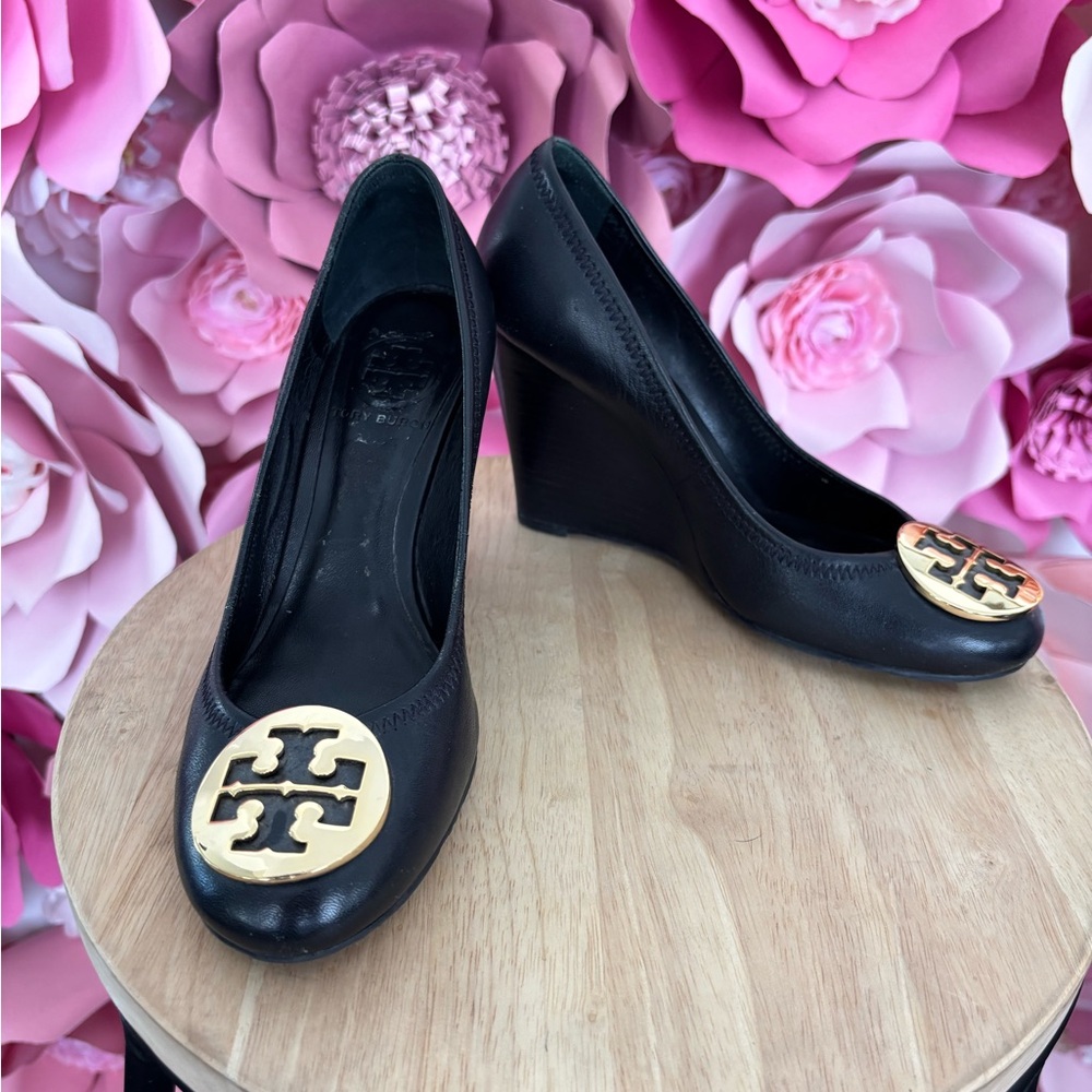 Tory Burch Black Wedges with Gold Logo